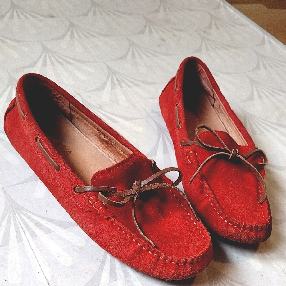 Safiya Red Moccasin Suede Loafers